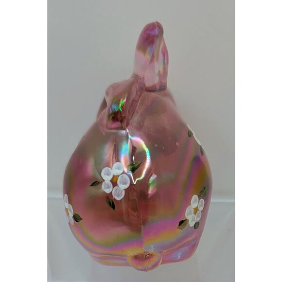 Fenton Signed Hand Painted Floral Pink Opalescent Glass Bunny Rabbit Figurine - Picture 4 of 8